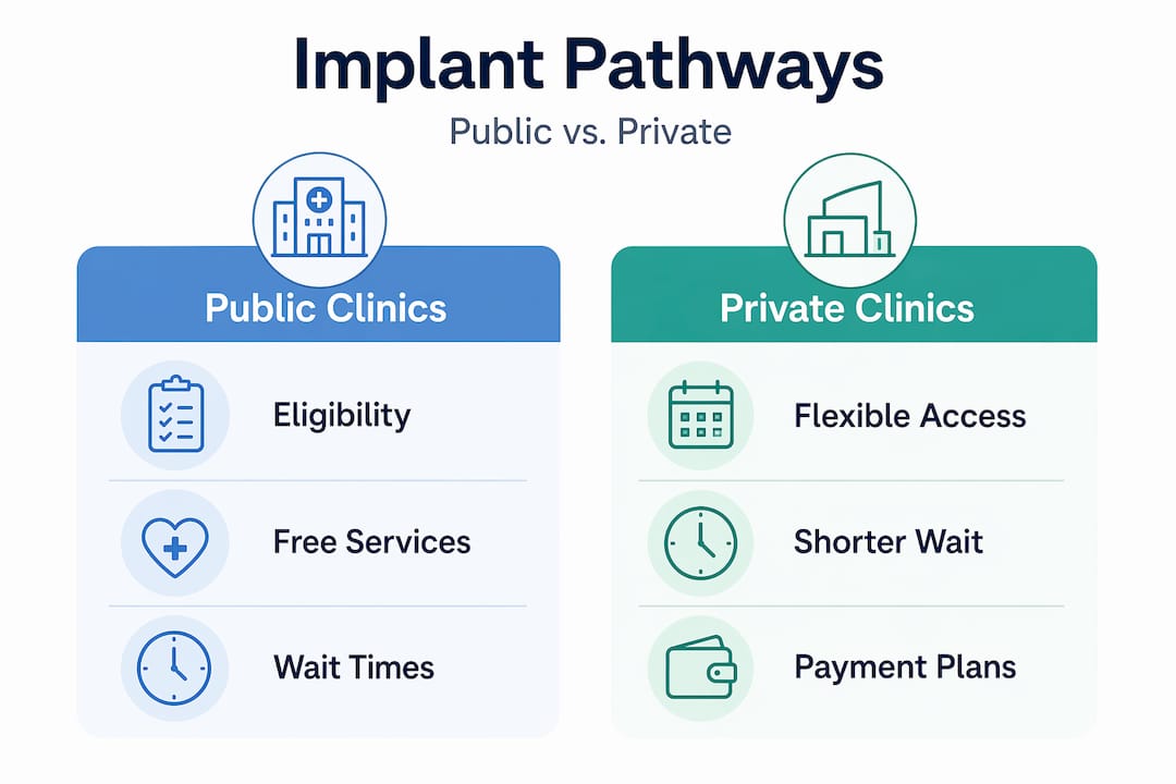 Infographic comparing public and private dental implant options