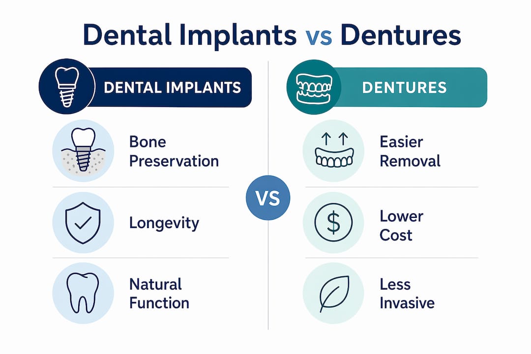 Infographic comparing dental implants and dentures