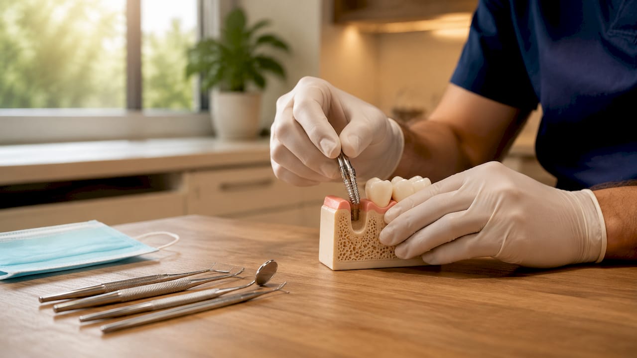Dentist placing titanium dental implant in model jaw