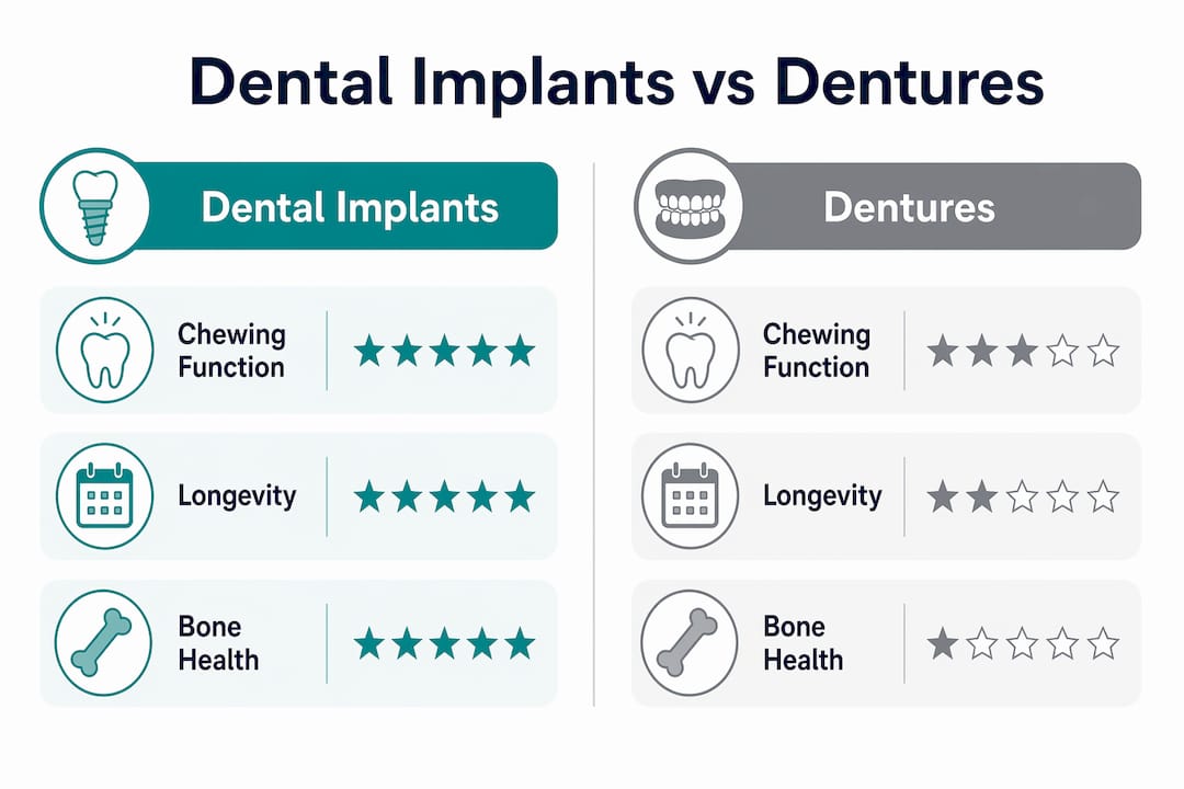 Infographic comparing dental implants and dentures