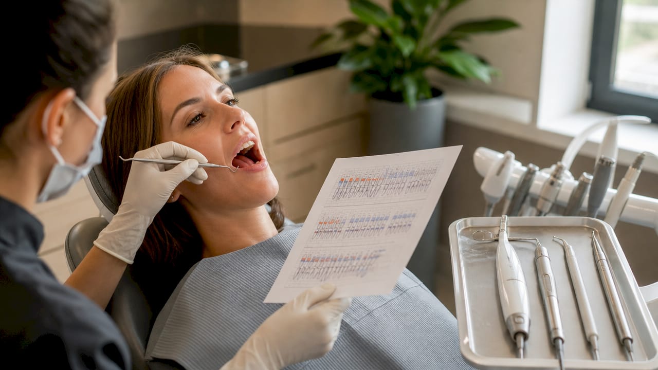 Dentist hands holding periodontal chart during treatment