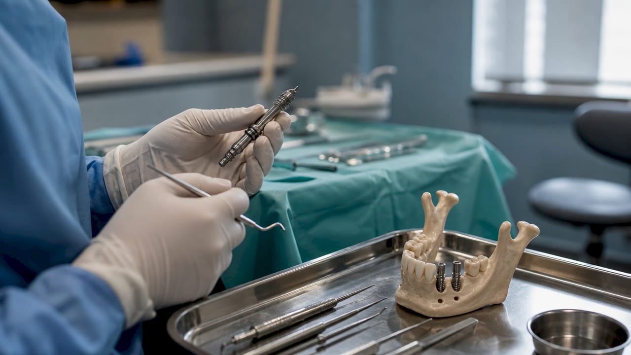 Dentist hands holding dental implant during surgery