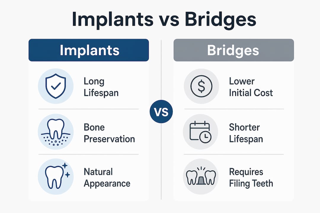 Infographic comparing dental implants and bridges