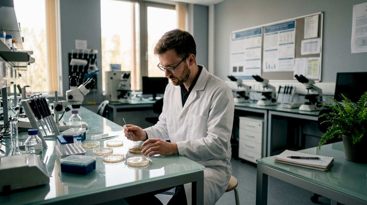 Microbiologist examining bacteria cultures in lab