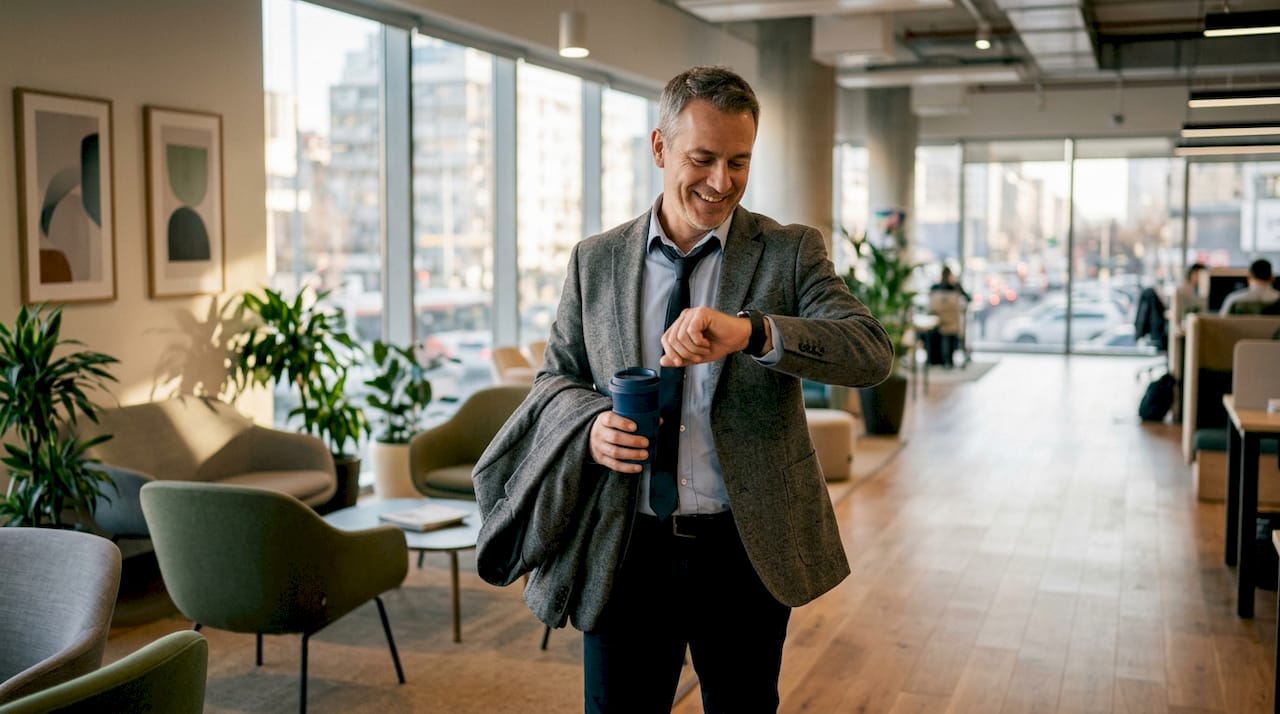 Man taking a microbreak walk in office hallway