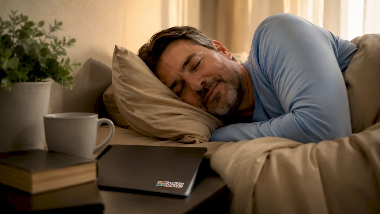 Man sleeping deeply in dim bedroom setting