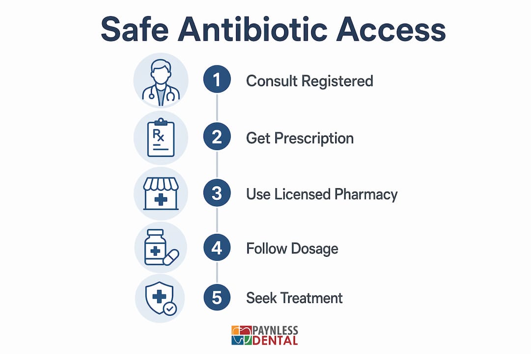 Infographic outlining safe online antibiotic access steps
