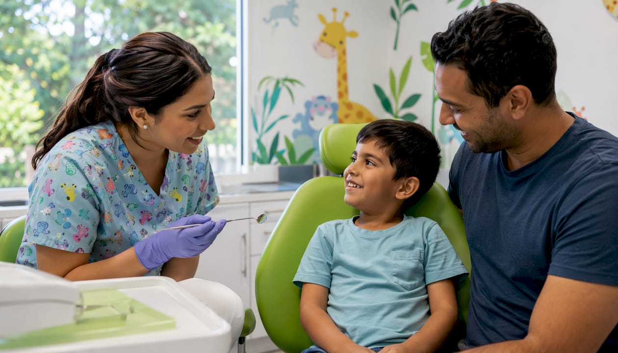 Dentist talking to child and parent in clinic