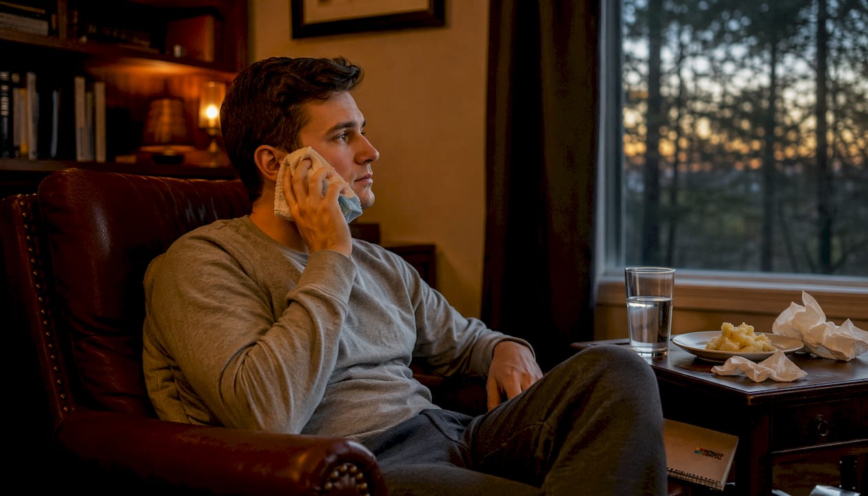 Man applying ice pack after dental implant surgery