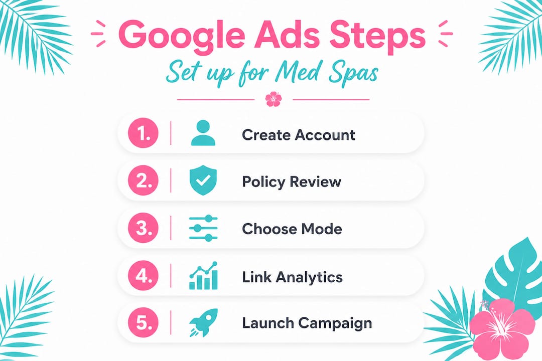 Infographic showing five steps in Google Ads setup