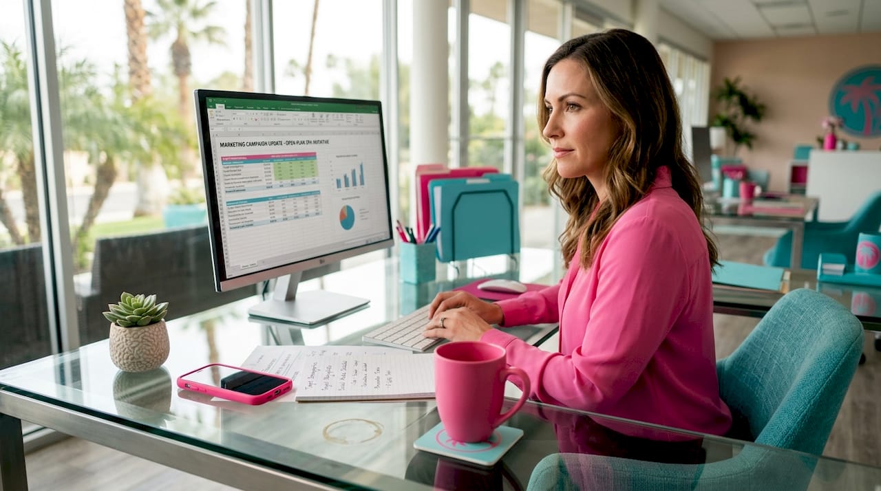 Med spa manager setting up Google Ads at desk