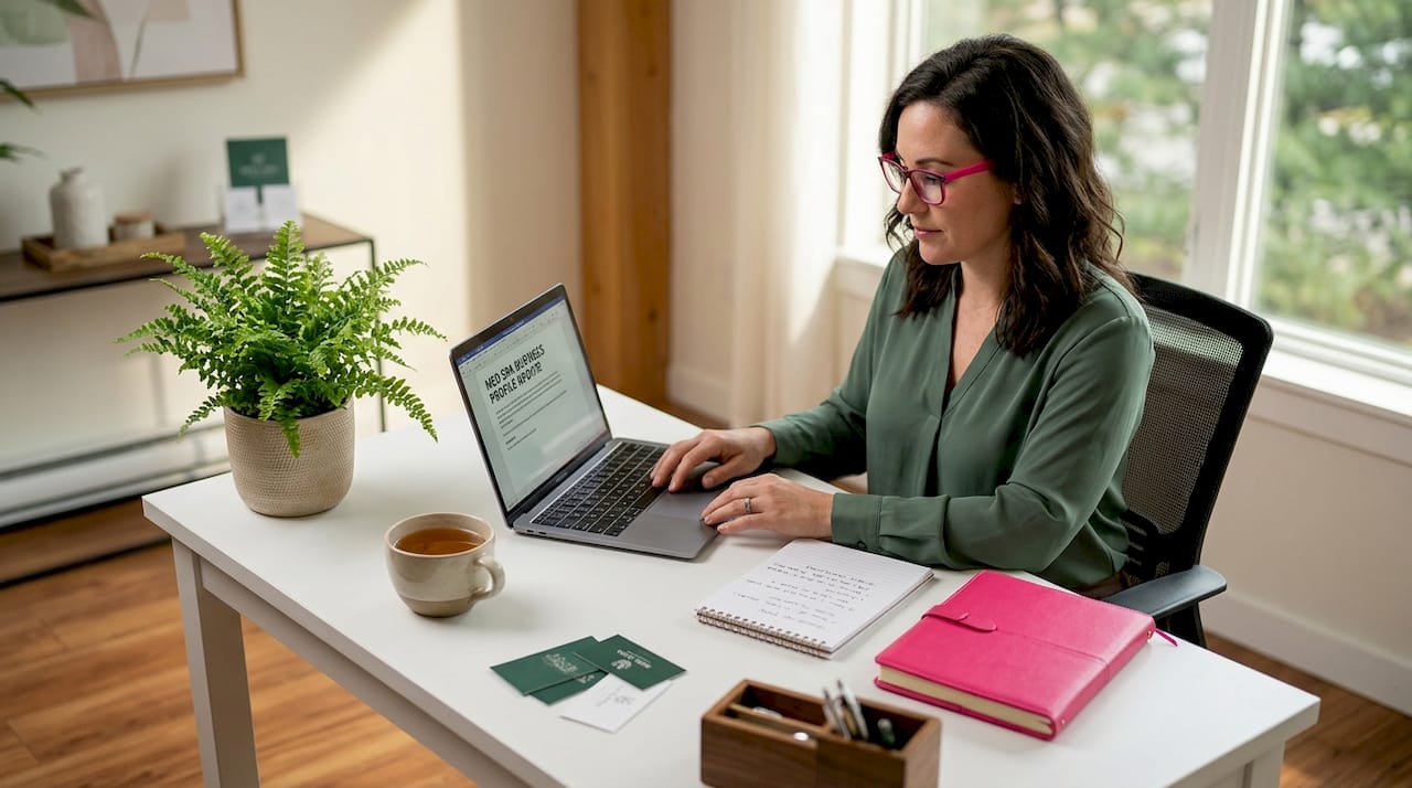 Med spa manager updating business info at desk