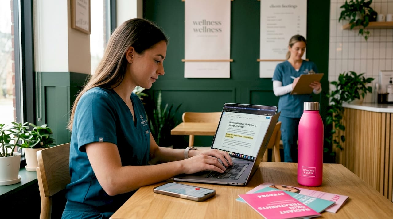 Staff member writing med spa blog article