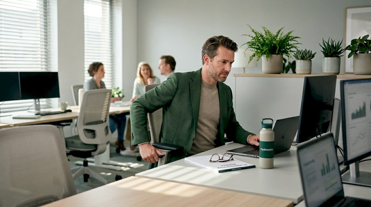 Man stelt zijn bureaustoel goed in voor een gezonde werkhouding