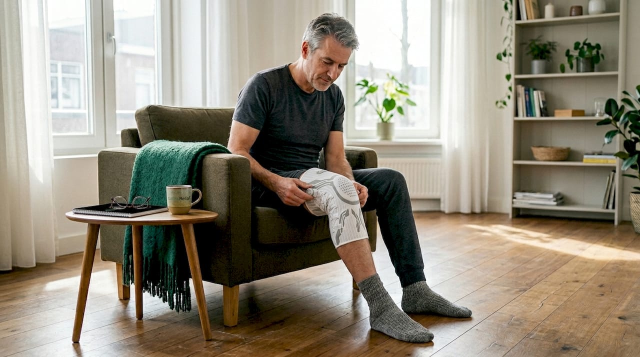 Een man trekt in de woonkamer een kniebrace aan.