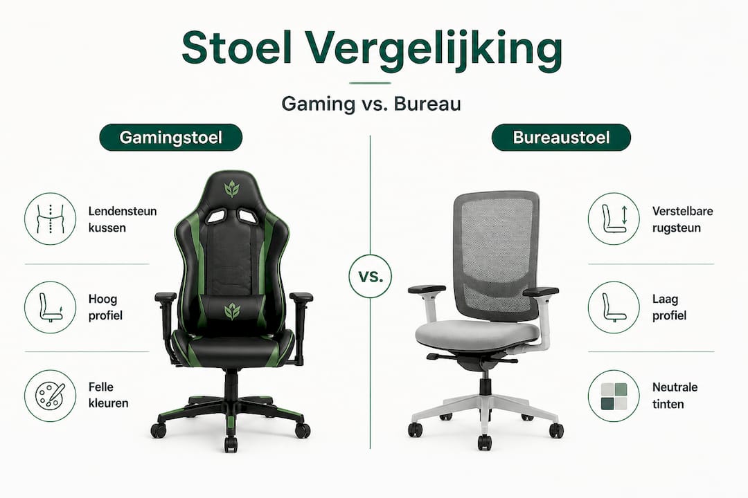 Infographic: de verschillen tussen een gamingstoel en een bureaustoel op een rij