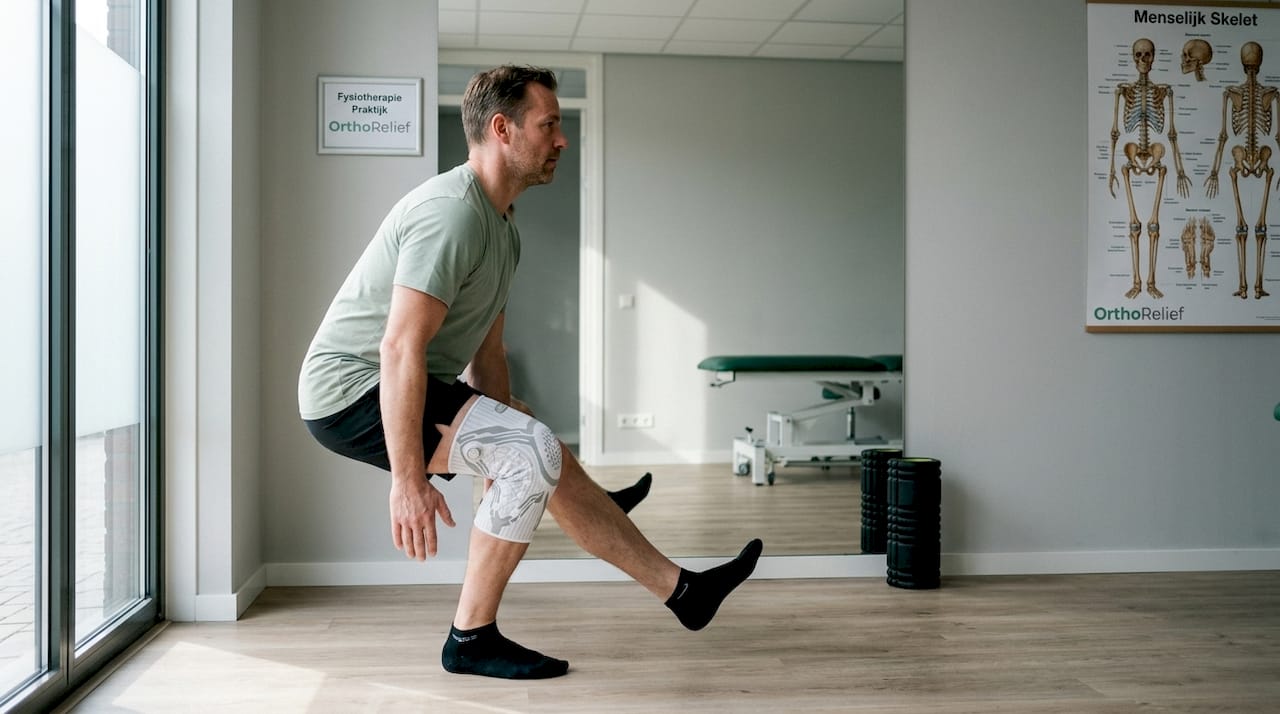 Man oefent een eenbenige squat in de oefenruimte