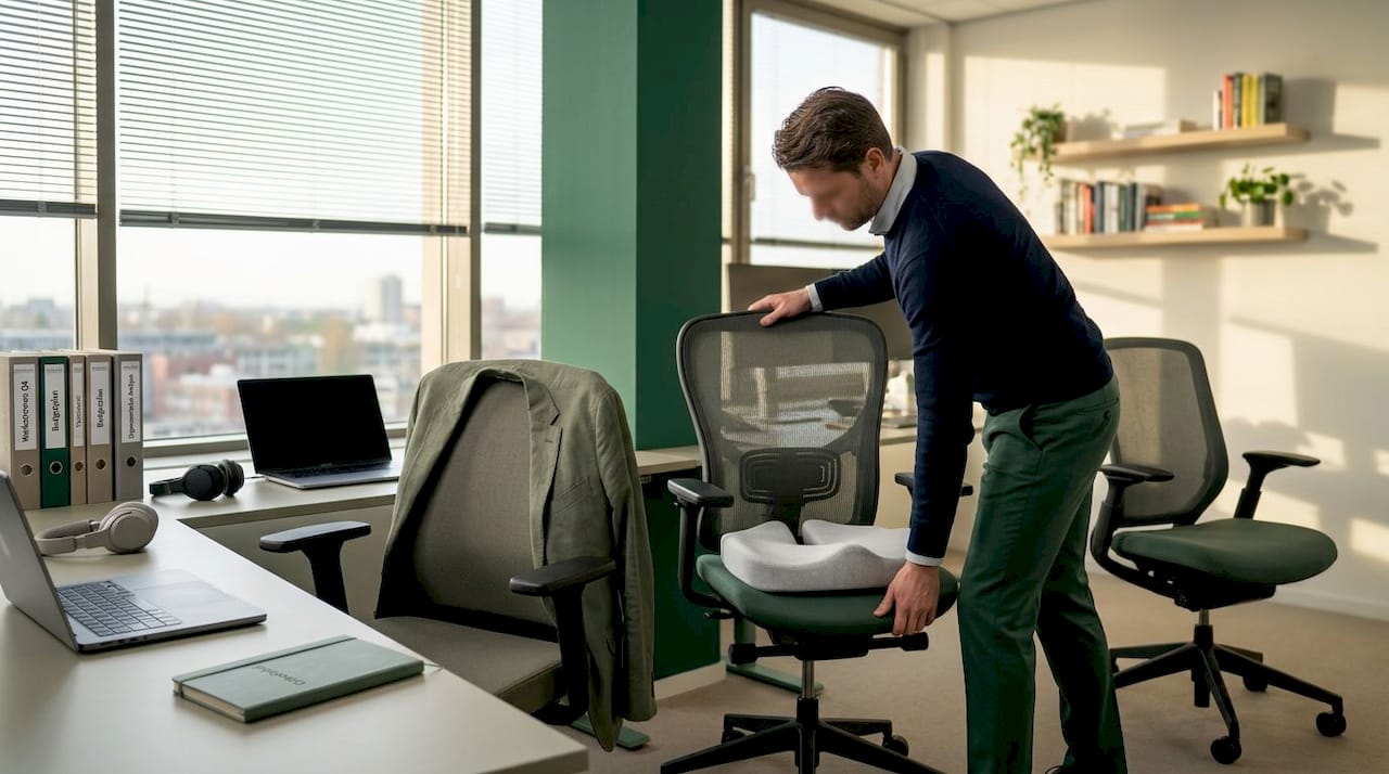 Een man bekijkt en vergelijkt drie bureaustoelen in zijn kantoor, op zoek naar de ideale zitplek voor zijn werkruimte.