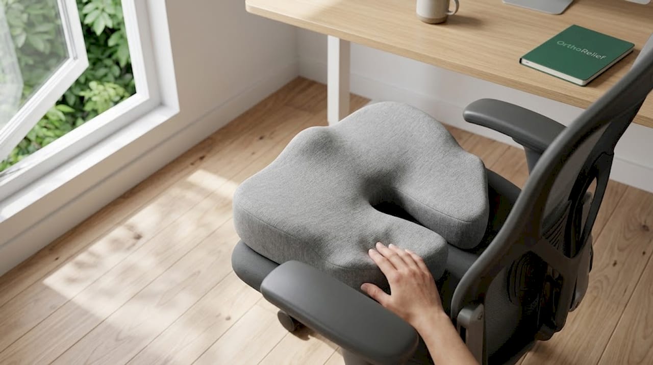 Close-up van een ergonomisch zitkussen met hand