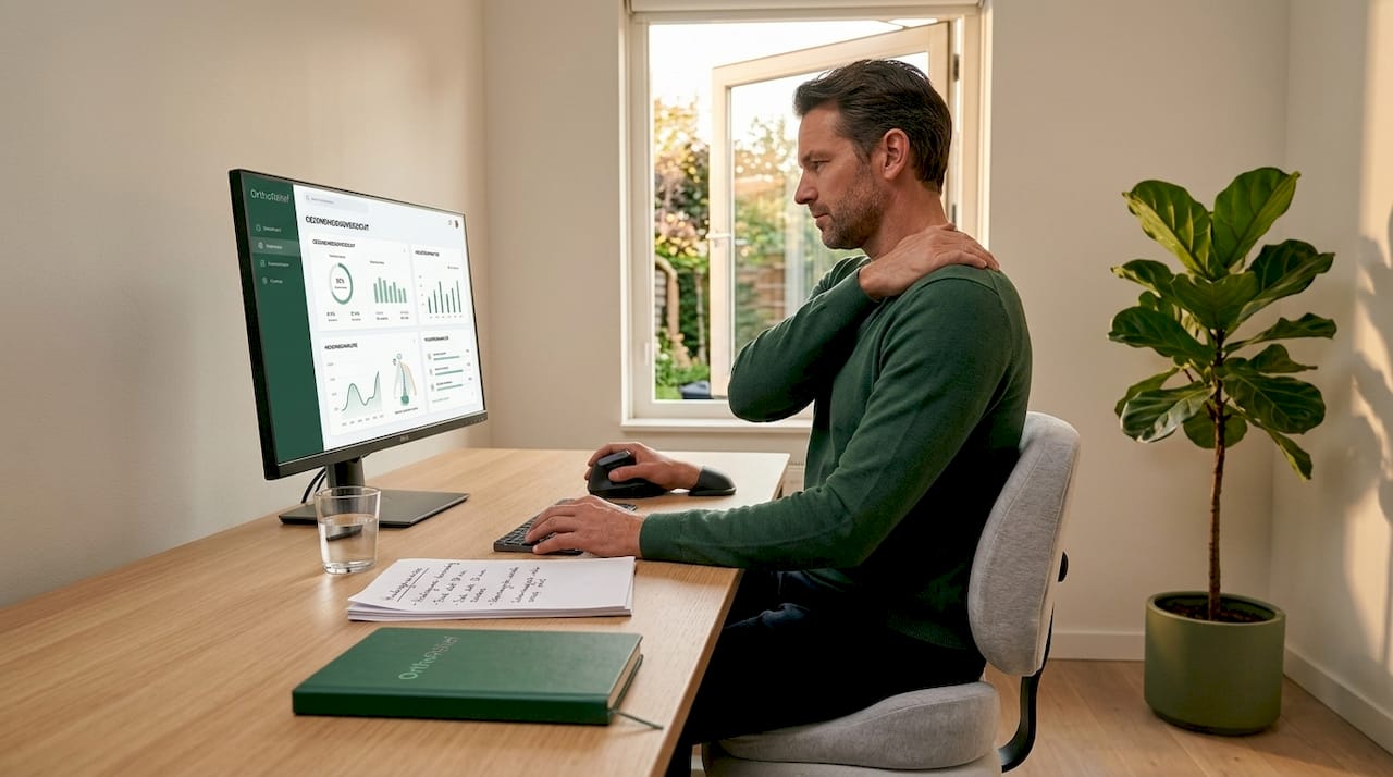 Man stelt de hoogte van zijn monitor in voor een ergonomische werkplek thuis.