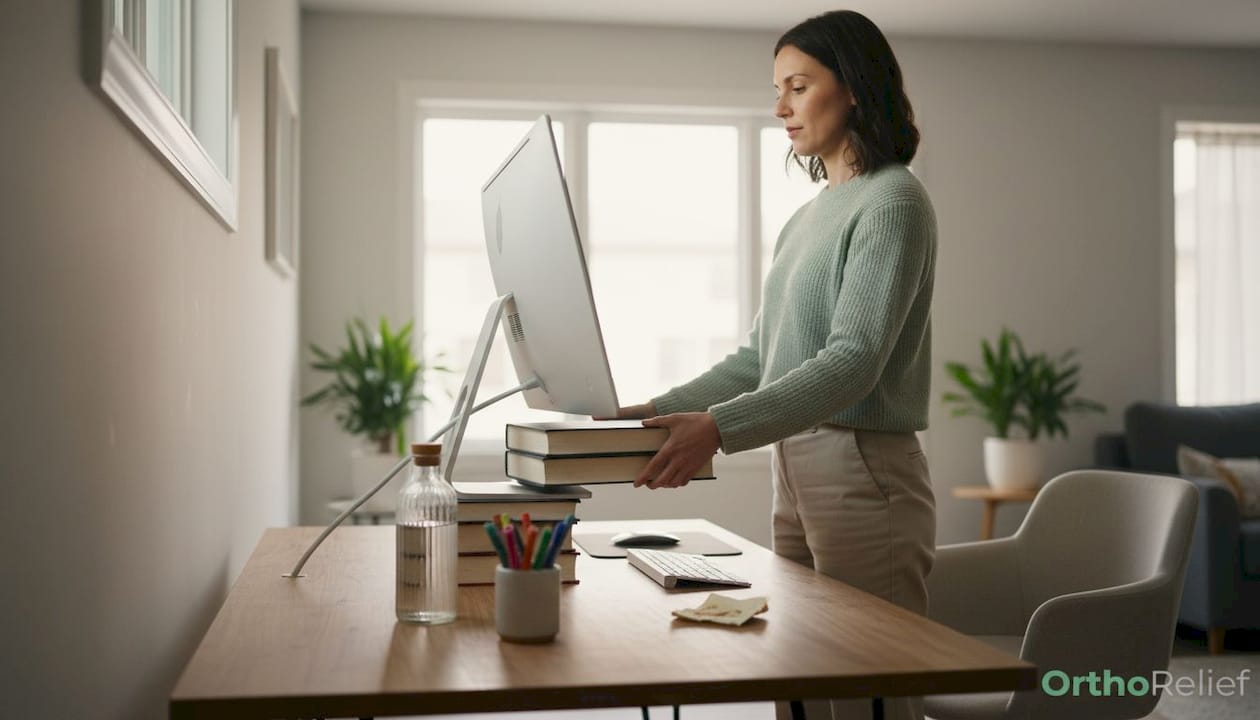 Een vrouw stelt de hoogte van haar monitor in om haar nek te ontlasten.