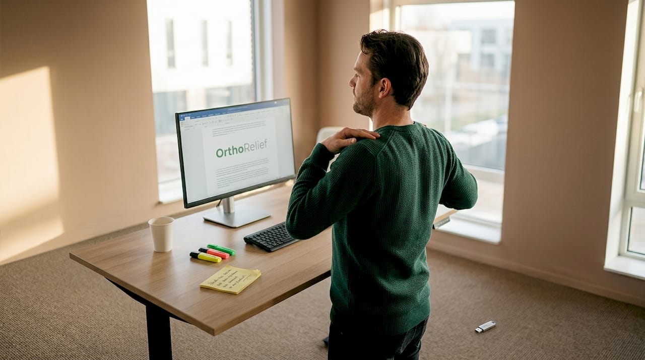 Een man doet wat schouderoefeningen naast zijn bureau op kantoor om even los te komen.