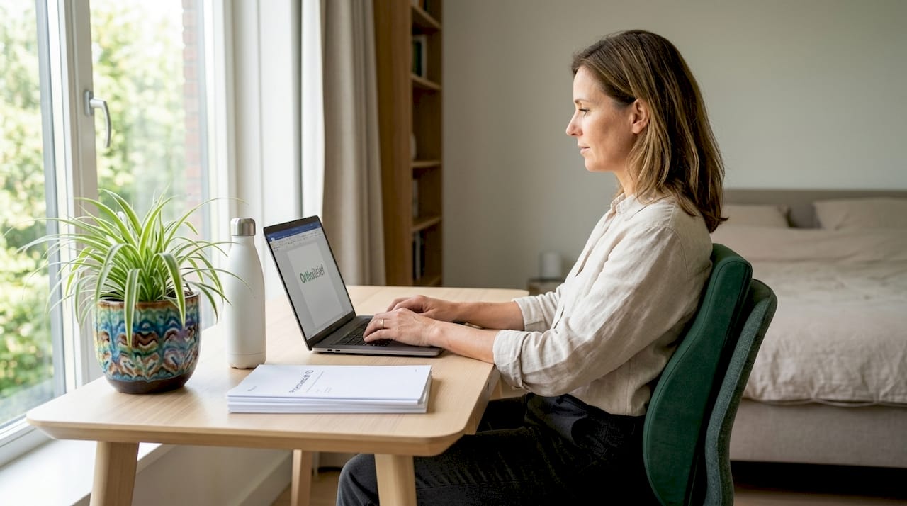 Vrouw zit rechtop achter haar laptop in een ergonomische houding