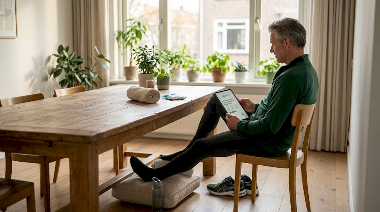 Man herstelt thuis van een liesblessure en ligt op de bank.
