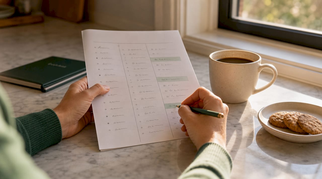 Iemand zet een vinkje bij 'pauze' in zijn thuiswerk-planner