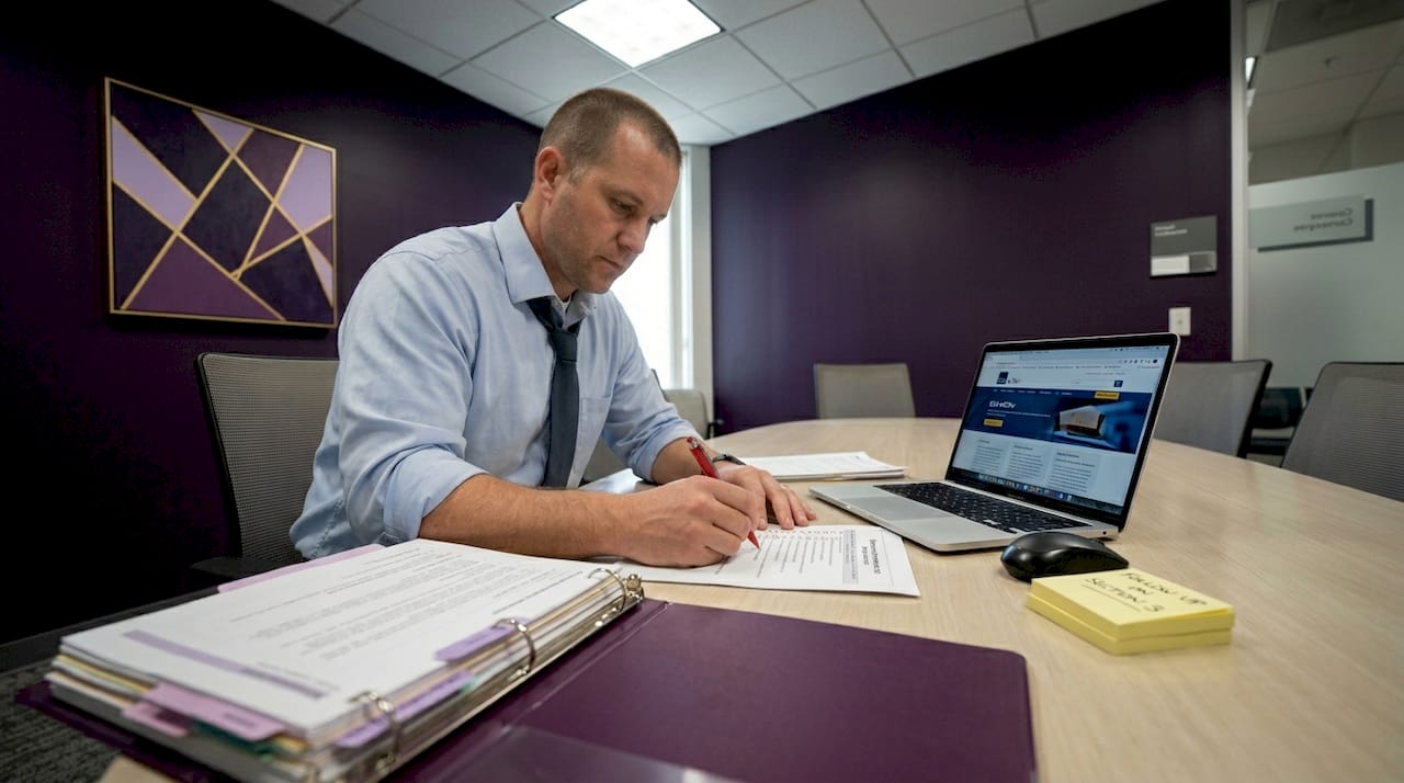 Man reviewing printed GSA offer checklist