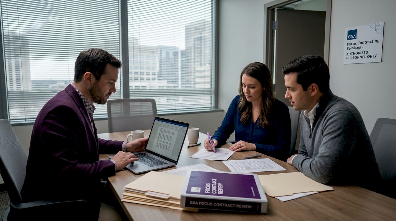 Small business team meeting about government contract