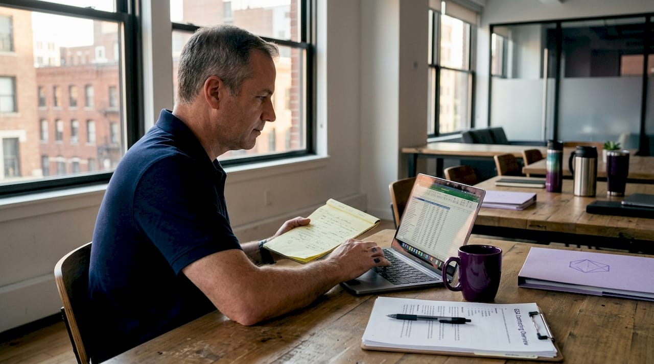Entrepreneur building GSA opportunity pipeline in spreadsheet