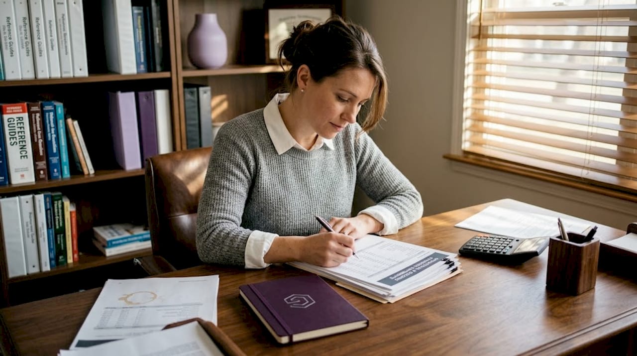 Business owner reviews financial paperwork at desk