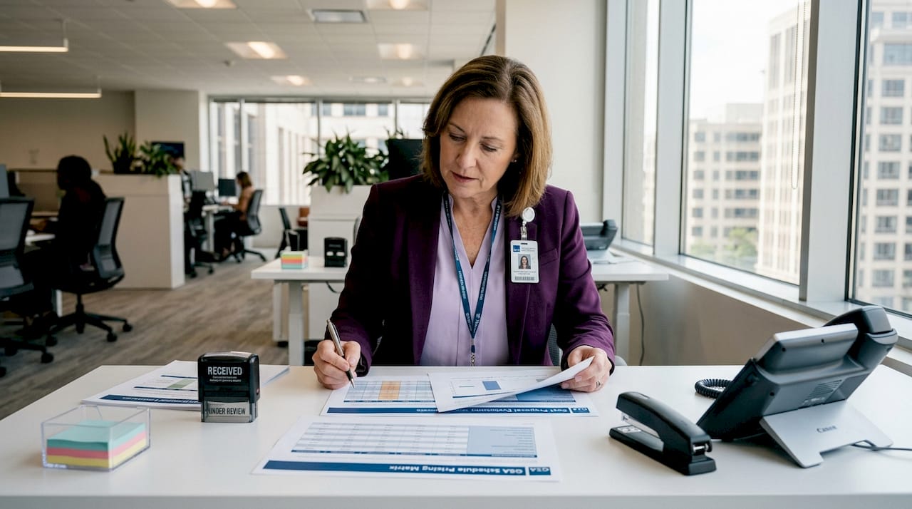 Contracting officer reviewing business compliance documents
