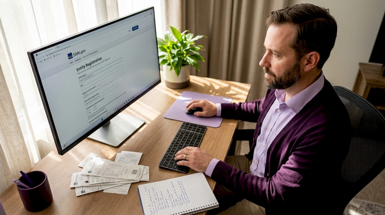 Person registering business at computer desk