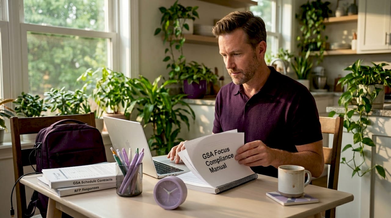 Man reviewing compliance papers at home office
