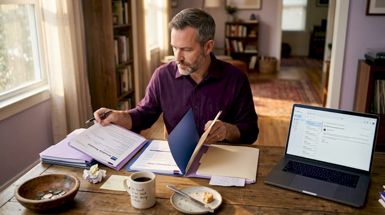 Contractor organizing renewal papers in kitchen workspace