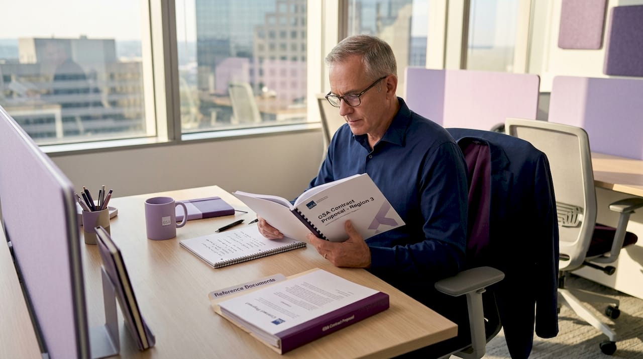 Evaluator reviewing contract relevance in office
