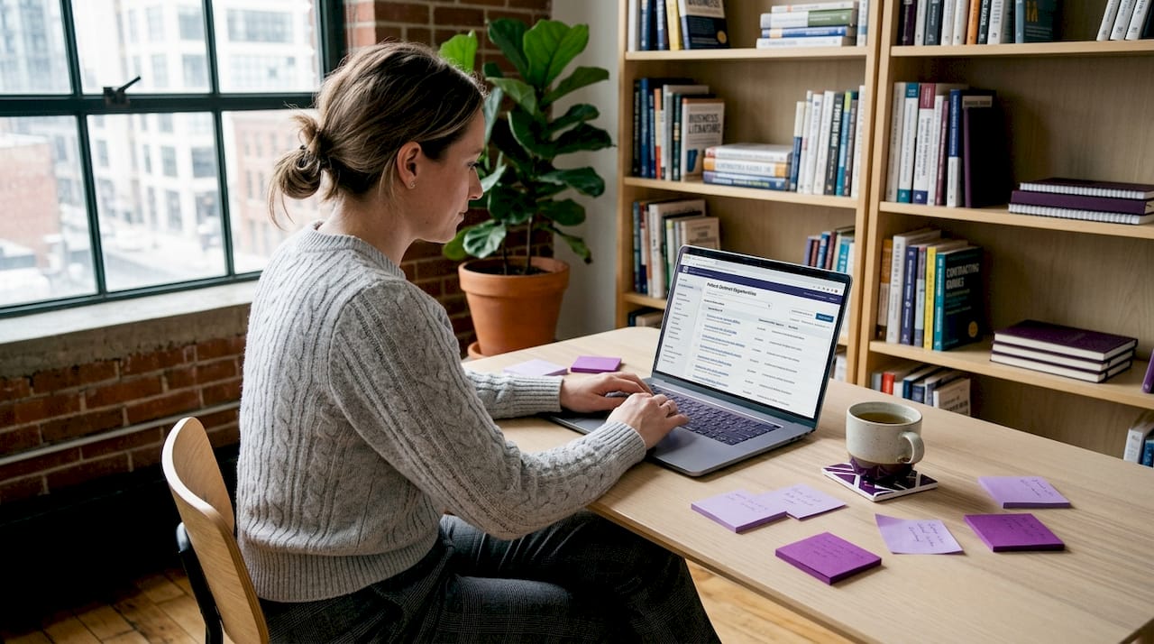 Woman reviews government contracts at kitchen table