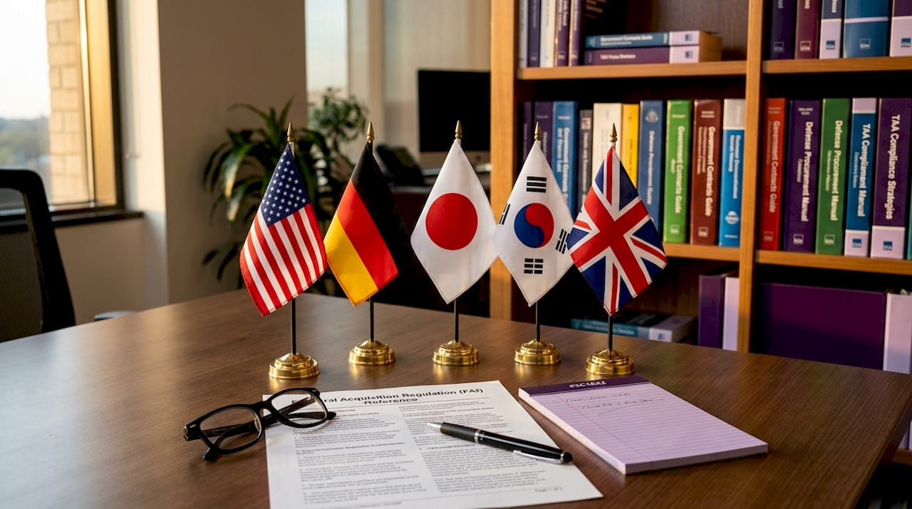 Desktop with flags of designated trade agreement countries