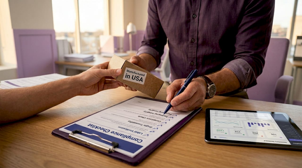 Hands inspecting product compliance checklist and packaging