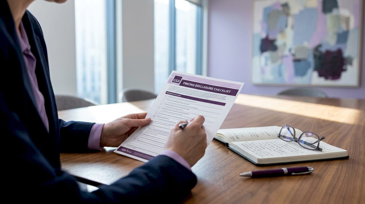 Hands reviewing GSA pricing disclosure checklist