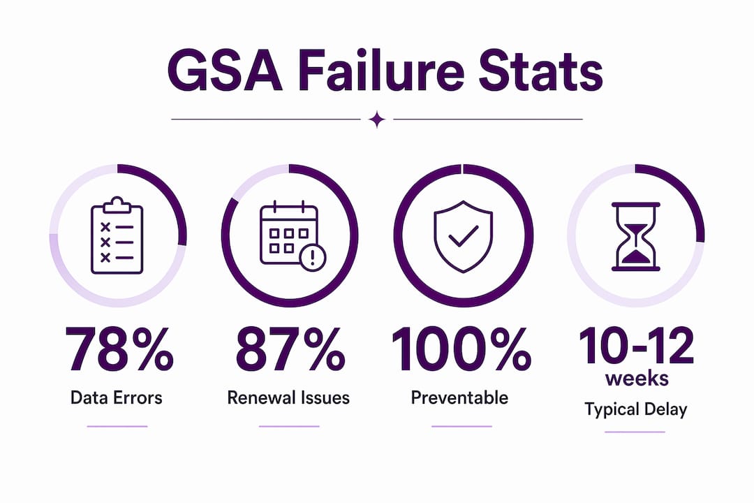 Infographic illustrating key GSA registration failure statistics