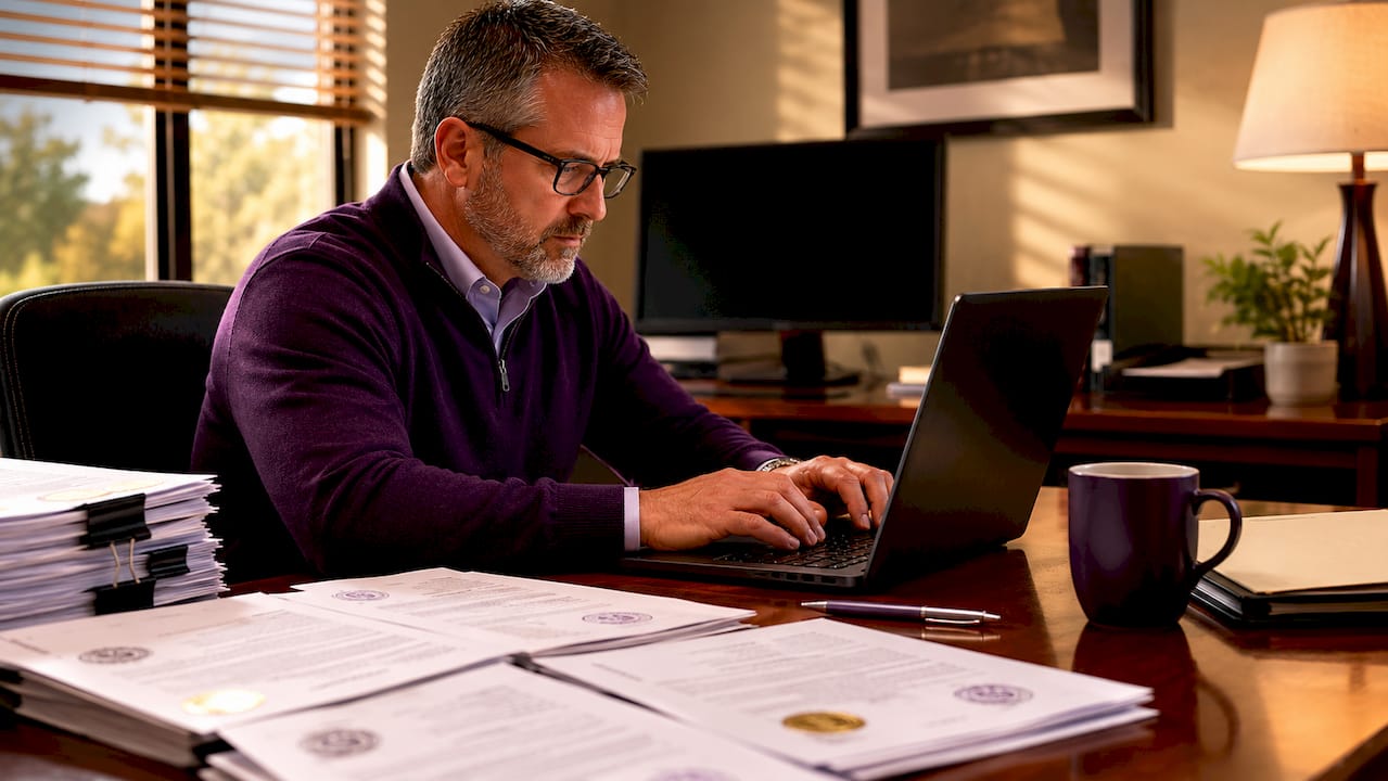 Hands typing at government contractor desk