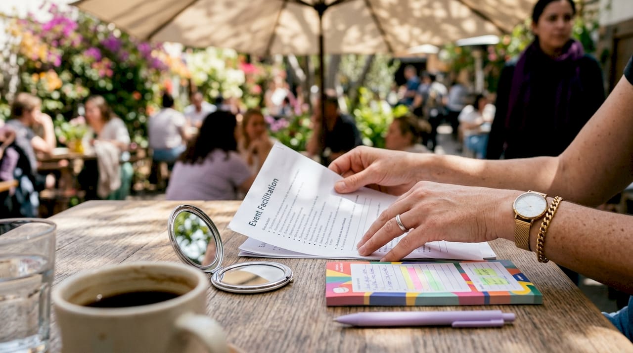 Hands pointing at event facilitation checklist on desk