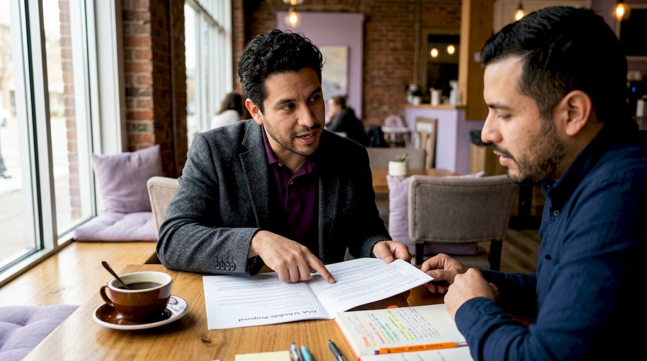 Two men collaborating over GSA proposal papers