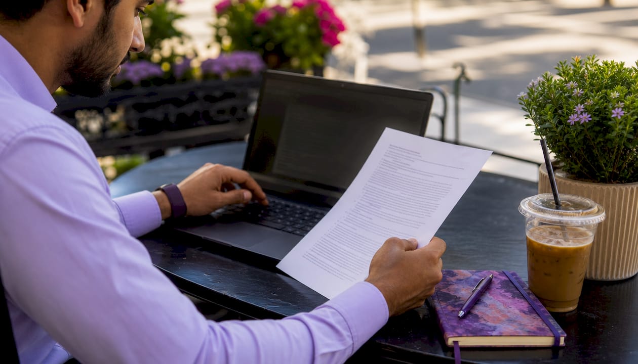 Hands reviewing price reduction clause document and typing