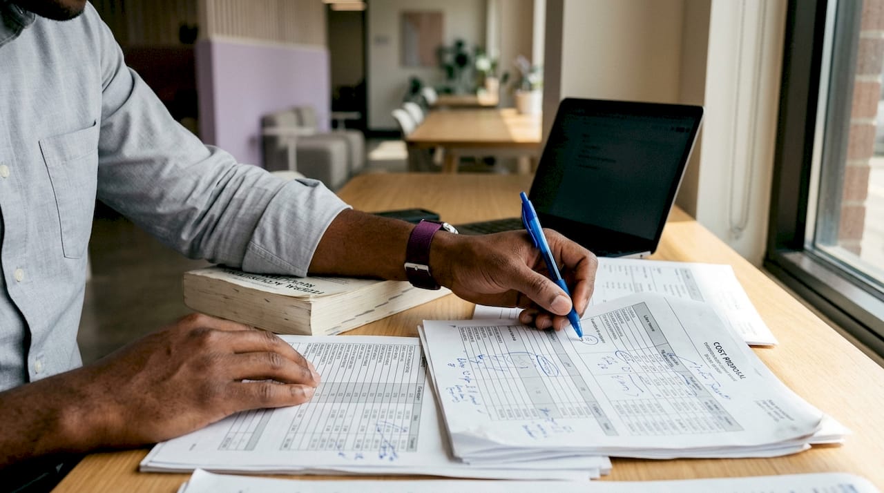 Hands marking cost proposal documents in conference room