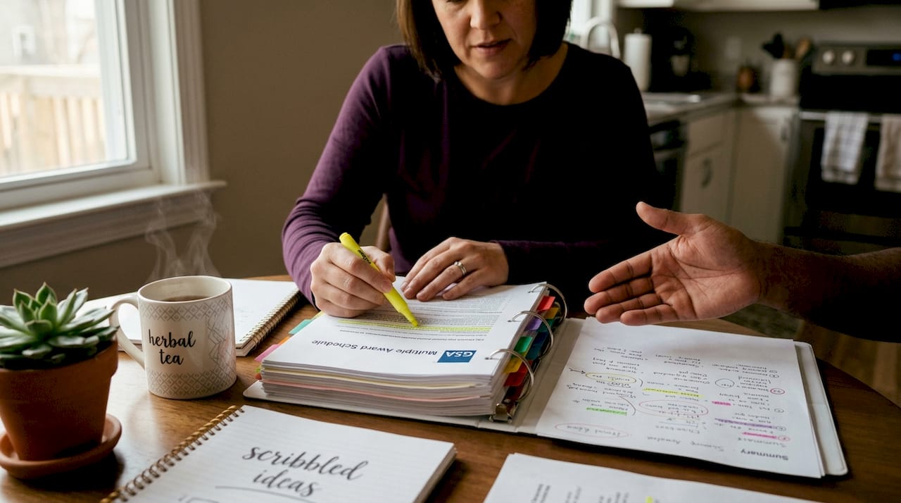 Hands reviewing GSA Schedule contract materials