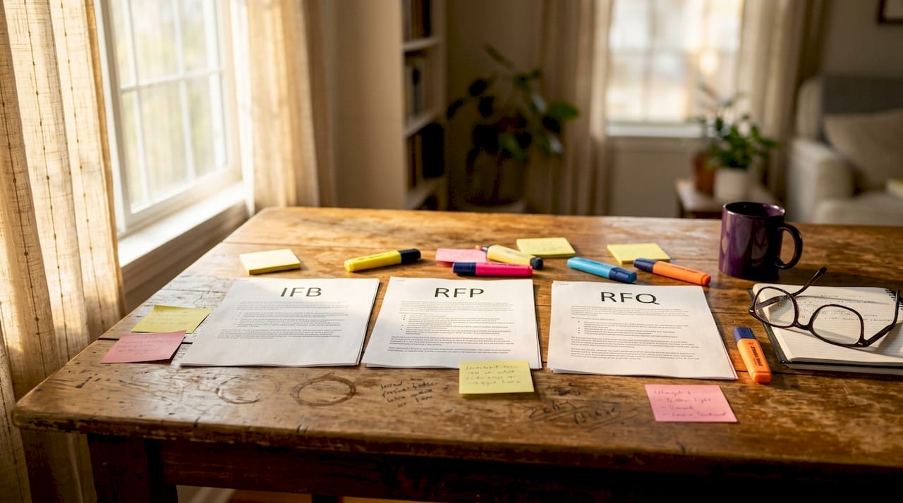 Printed government solicitation documents on table